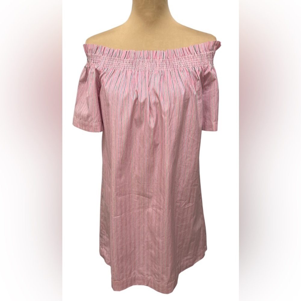 Vineyard Vines Striped Off the Shoulder Dress Medium Pink Shirred Coastal Resort - Picture 3 of 11